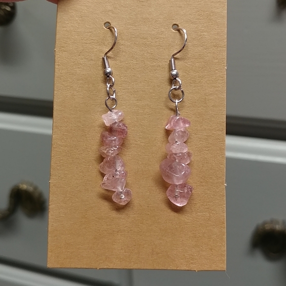 Strawberry Quartz Earrings Natural Gemstone Chip Beaded Surgical Stainless-Steel - Picture 8 of 11